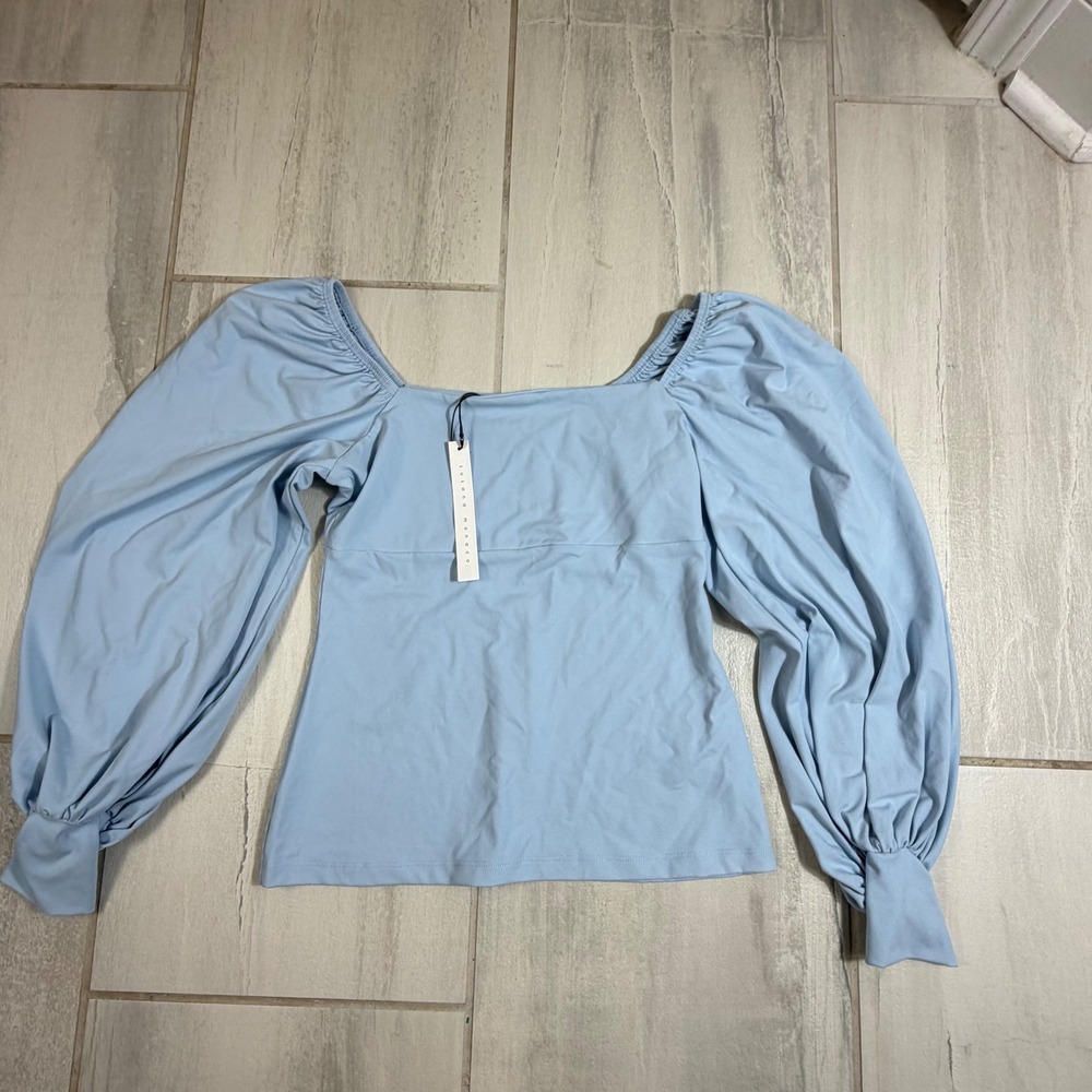Susana Monaco Hydrangea Blue Square Neck Puff Sleeve Top Medium NEW